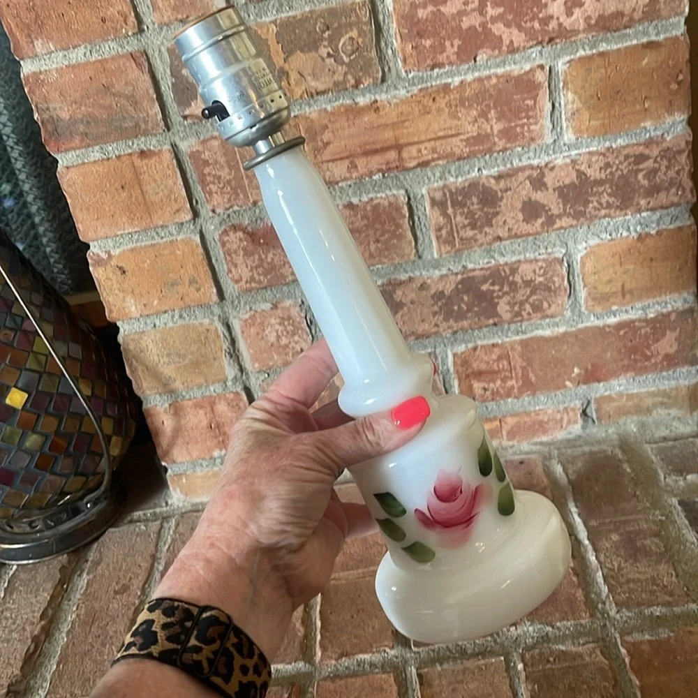 Vtg Milk Glass Hand Painted Floral Lamps Set of 2